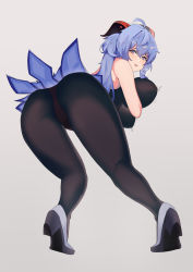 Rule 34 | 1girl, absurdres, ahoge, artist request, ass, bare shoulders, bent over, blue hair, blush, bodysuit, breasts, cameltoe, embarrassed, from behind, from below, ganyu (genshin impact), genshin impact, high heels, highres, horns, huge breasts, jiggle, large breasts, leotard, long hair, looking at viewer, open mouth, pantyhose, purple eyes, shiny skin, skin tight, smile, solo, very long hair, waist cape