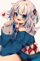Rule 34 | 1girl, :d, absurdres, aridonall, blue eyes, blue hair, blue nails, blush, commentary, drawstring, english commentary, gawr gura, gawr gura (1st costume), hair between eyes, heart, highres, hololive, hololive english, hood, hood down, hoodie, long sleeves, multicolored hair, nail polish, open mouth, sharp teeth, simple background, sleeves past wrists, smile, solo, spoken heart, streaked hair, teeth, two-tone hair, two side up, virtual youtuber, white background, white hair