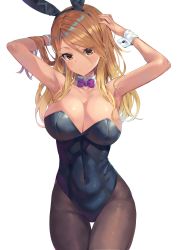 Rule 34 | 1girl, animal ears, armpits, arms up, bare shoulders, black hairband, black leotard, black pantyhose, blonde hair, blush, bow, bowtie, breasts, brown eyes, brown hair, brown pantyhose, cleavage, closed mouth, collar, commentary request, covered navel, dark-skinned female, dark skin, detached collar, fake animal ears, gradient hair, groin, gyaru, hair between eyes, hairband, hand in own hair, hand on own head, head tilt, highres, idolmaster, idolmaster shiny colors, izumi mei, large breasts, leotard, long hair, multicolored hair, pantyhose, playboy bunny, purple bow, purple bowtie, rabbit ears, rangen, simple background, skin tight, solo, strapless, strapless leotard, tan, thigh gap, white background, white collar, wing collar, wrist cuffs