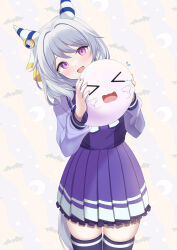 Rule 34 | &gt; &lt;, 1girl, absurdres, alternate eye color, animal ears, animal print, bat background, bat print, blush, bow, commentary request, cowboy shot, crying, ear covers, ear ornament, ghost, grey hair, hair ornament, highres, hishi miracle (umamusume), holding, horse ears, horse girl, looking at viewer, medium hair, open mouth, petticoat, pleated skirt, purple eyes, purple serafuku, purple shirt, purple skirt, purple thighhighs, sailor collar, school uniform, serafuku, shia0016, shirt, simple background, skindentation, skirt, solo, thighhighs, tracen school uniform, umamusume, uniform, white background, white bow, winter uniform