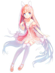 Rule 34 | 1girl, animal ears, blue eyes, dress, highres, long hair, looking at viewer, mary janes, original, pink dress, pink hair, puffy short sleeves, puffy sleeves, rabbit ears, ritsuki, shoes, short sleeves, sitting, solo, thighhighs, very long hair, white thighhighs