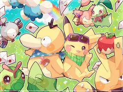 Rule 34 | animal focus, applin, bird, blue neckerchief, blue skin, blue sky, cat, caterpie, chikorita, claws, closed eyes, cloud, colored skin, commentary request, creatures (company), duck, elekid, eyewear on head, fang, floating, game freak, gen 1 pokemon, gen 2 pokemon, gen 3 pokemon, gen 8 pokemon, green neckerchief, hanabusaoekaki, highres, jumpluff, leaf, letter, magnemite, magnet, metapod, neckerchief, necktie, nintendo, no humans, on grass, one-eyed, one eye closed, open mouth, pikachu, pink skin, pokemon, pokemon (creature), psyduck, rainbow, red eyes, red necktie, screw, skitty, sky, solid oval eyes, sparkling eyes, sunglasses