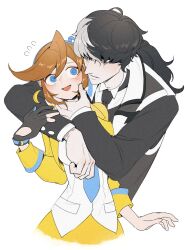 Rule 34 | 1boy, 1girl, @ @, ace attorney, athena cykes, black eyes, black gloves, black hair, black jacket, black necktie, blue eyes, blue necktie, blush, collared shirt, crescent, crescent earrings, earrings, gloves, haori, highres, hug, jacket, japanese clothes, jewelry, long hair, long sleeves, necktie, open mouth, orange hair, partially fingerless gloves, phoenix wright: ace attorney - dual destinies, ponytail, salted whale, shirt, simon blackquill, simple background, single earring, single glove, skirt, white background, white hair, white shirt, yellow jacket, yellow skirt