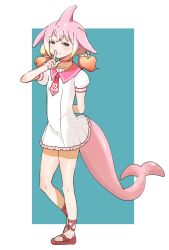 Rule 34 | 1girl, anchor symbol, ballet slippers, blowhole, blush, cetacean tail, chinese white dolphin (kemono friends), collar, dolphin girl, dorsal fin, dress, finger to mouth, fins, fish tail, flats, footwear ribbon, frilled dress, frills, full body, gradient hair, highres, japari symbol, kemono friends, looking at viewer, multicolored hair, necktie, ookii yama, orange hair, pink collar, pink hair, puffy short sleeves, puffy sleeves, red footwear, red necktie, sailor collar, sailor dress, short sleeves, short twintails, solo, tail, twintails, white dress, white hair