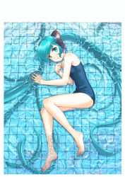 Rule 34 | 1girl, :o, absurdly long hair, absurdres, anniversary, aqua eyes, aqua hair, artist name, artist request, bare legs, bare shoulders, barefoot, birthday, blue eyes, blue hair, blue one-piece swimsuit, breasts, feet, female focus, full body, gradient hair, hair ornament, happy birthday, hatsune miku, headphones, highres, long hair, long twintails, looking at viewer, lying, multicolored hair, nail polish, on side, one-piece swimsuit, open mouth, parted lips, partially submerged, pool, smile, solo, swimsuit, toenail polish, toenails, tsune (dreamers express), twintails, very long hair, vocaloid, water, wet