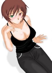 Rule 34 | 00s, 1girl, aged up, boku, boku in black, breasts, brown hair, cleavage, denim, heterochromia, jeans, looking at viewer, pants, rozen maiden, short hair, simple background, solo, souseiseki, tsuda nanafushi
