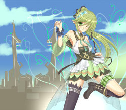 Rule 34 | 1girl, black thighhighs, boots, breasts, bridal garter, day, detached sleeves, dress, elsword, flower, green dress, green eyes, green hair, hair flower, hair ornament, highres, long hair, matching hair/eyes, medium breasts, myury, one eye closed, pointy ears, ponytail, rena erindel, single thighhigh, sky, smile, solo, standing, standing on one leg, thighhighs, wink