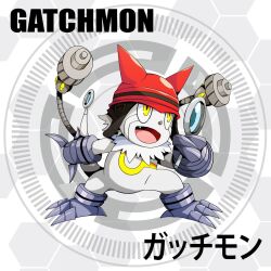 Rule 34 | appmon, cable, claws, digimon, fang, gatchmon, highres, metal gloves, smile, solo, yellow eyes