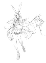 Rule 34 | 1girl, :o, amiya (arknights), animal ears, ankleband, arknights, ascot, full body, greyscale, hair between eyes, highres, ichibi, jacket, jewelry, long hair, looking at viewer, monochrome, open clothes, open jacket, pleated skirt, rabbit ears, ring, shirt, shoes, simple background, skirt, solo, thigh strap, white background