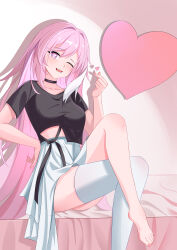 Rule 34 | 1girl, absurdres, black choker, black shirt, breasts, choker, crossed legs, elysia (herrscher of human:ego) (honkai impact), elysia (honkai impact), hair between eyes, hand around waist, hand up, heart, highres, honkai (series), honkai impact 3rd, long hair, looking at viewer, medium breasts, no shoes, one eye closed, open mouth, pink eyes, pink hair, pink pupils, shirt, skirt, smile, solo, thighhighs, thighs, very long hair, white skirt, white thighhighs, xun.com
