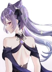 Rule 34 | 1girl, bare back, bare shoulders, black ribbon, blush, commentary request, cone hair bun, genshin impact, hair bun, hair ribbon, highres, keqing (genshin impact), keqing (opulent splendor) (genshin impact), long hair, looking at viewer, mochi mochi052, purple eyes, purple hair, ribbon, simple background, solo, twintails, upper body, very long hair, white background