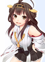 Rule 34 | 10s, 1girl, blush, brown eyes, brown hair, detached sleeves, hairband, hands on own hips, hazuki (etcxetc), headgear, japanese clothes, kantai collection, kongou (kancolle), long hair, looking at viewer, nontraditional miko, open mouth, solo, wide sleeves