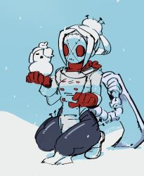 Rule 34 | 1girl, 2022, 770mk, alternate color, alternate costume, artist name, black legwear, blue background, character doll, coat, commentary, kneeling, mask, nail, painwheel (skullgirls), red eyes, red scarf, scarf, shoes, skullgirls, snow, snowing, snowman, solo, squigly (skullgirls), updo, white coat, white footwear, white hair, winter clothes
