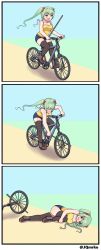 Rule 34 | &gt; &lt;, 1girl, 3koma, :d, absurdres, bare arms, bare shoulders, bicycle, black footwear, black thighhighs, blue shorts, boots, bow, breasts, camisole, cleavage, collarbone, comic, day, girls&#039; frontline, green eyes, green hair, hair bow, highres, holding, holding stick, large breasts, long hair, lying, manme, meme, micro uzi (dorky sleepyhead) (girls&#039; frontline), micro uzi (girls&#039; frontline), official alternate costume, on side, open mouth, outdoors, red bow, road, shirt, short shorts, shorts, silent comic, smile, solo, stick, thighhighs, twintails, twitter username, v-shaped eyebrows, yellow shirt