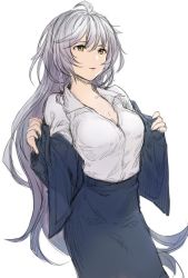 Rule 34 | 1girl, brown eyes, casual, collarbone, dress, granblue fantasy, long hair, removing jacket, sabanobori, silva (granblue fantasy), silver hair, simple background, solo, white background