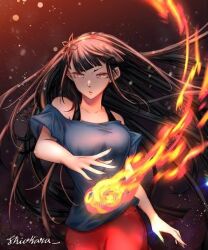 Rule 34 | 1girl, black bra, black hair, blue shirt, bra, closed mouth, fire, long hair, looking at viewer, pink hair, red shorts, shirt, shorts, solo, suspenders, tower of god, underwear, very long hair, yeon yihwa