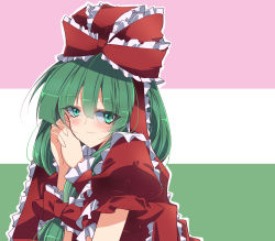 Rule 34 | 1girl, blush, bow, closed mouth, dress, eyes visible through hair, green background, green eyes, green hair, hair between eyes, hair bow, hands up, highres, ichimura kanata, kagiyama hina, long hair, looking at viewer, multicolored background, own hands together, pink background, puffy short sleeves, puffy sleeves, red bow, red dress, short sleeves, smile, solo, touhou, white background, wrist cuffs