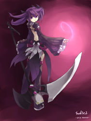 Rule 34 | 1girl, aisha landar, back, bad id, bad pixiv id, boots, dress, elsword, full body, highres, long hair, looking back, no nose, purple background, purple eyes, purple footwear, purple hair, purple skirt, purple theme, purple thighhighs, scythe, skirt, smile, solo, swd3e2, thighhighs, twintails, void princess (elsword)