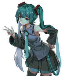 Rule 34 | 1girl, ahoge, aqua eyes, aqua hair, bare shoulders, black thighhighs, blue eyes, blue hair, breasts, collared shirt, commentary request, detached sleeves, hair ornament, hand on own hip, hatsune miku, highres, leaning forward, long hair, looking at viewer, necktie, shirt, simple background, skirt, small breasts, smile, solo, thighhighs, twintails, v, very long hair, vocaloid, white background, yanyan (shinken gomi), zettai ryouiki