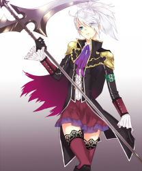 Rule 34 | 1girl, alternate costume, blue eyes, cape, final fantasy, final fantasy type-0, gradient background, hair over one eye, long hair, looking at viewer, open mouth, ponytail, school uniform, scythe, sice (fft-0), silver hair, skirt, solo, thighhighs, weapon