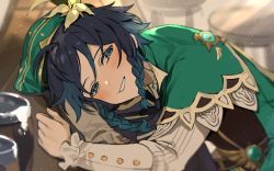 Rule 34 | 1boy, alcohol, androgynous, beer mug, beret, black hair, blue eyes, blue hair, blush, bow, braid, cape, collared cape, collared shirt, commentary, corset, counter, cup, drunk, flower, foam, frilled sleeves, frills, genshin impact, gradient hair, green eyes, green hat, gyoju (only arme nim), hair between eyes, hat, hat flower, head rest, highres, indoors, light particles, long sleeves, looking at viewer, male focus, mug, multicolored hair, shirt, short hair with long locks, side braids, sidelocks, sitting, smile, solo, symbol-only commentary, tavern, twin braids, upper body, venti (genshin impact), vision (genshin impact), white flower, white shirt