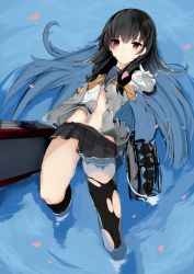 Rule 34 | 10s, 1girl, afloat, akiha (attract), asymmetrical legwear, bad id, bad twitter id, black hair, cherry blossoms, commentary request, gloves, hair ribbon, isokaze (kancolle), kantai collection, long hair, looking at viewer, petals, pleated skirt, red eyes, ribbon, school uniform, serafuku, skirt, solo, thighhighs, torn clothes, tress ribbon, uneven legwear, white gloves