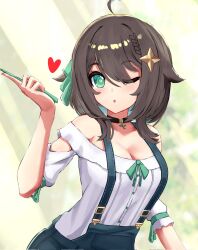 Rule 34 | 1girl, :o, ahoge, bare shoulders, black choker, blowing kiss, blue hair, blue overalls, blush, bow, braid, breasts, brown hair, choker, cleavage, colored inner hair, commentary, green bow, green eyes, green ribbon, hair bow, hair flaps, hair ornament, hand up, heart, highres, holding, holding plant, indie virtual youtuber, large breasts, light rays, medium hair, meica (vtuber), multicolored hair, off-shoulder shirt, off shoulder, one eye closed, overalls, pendant choker, plant, puffy short sleeves, puffy sleeves, ribbon, shirt, short sleeves, single braid, slash-ex, solo, spanish commentary, sparkle hair ornament, sprout, sprout-shaped pupils, sprout pendant, star (symbol), star hair ornament, sunbeam, sunlight, suspenders, swept bangs, symbol-shaped pupils, upper body, virtual youtuber, white shirt