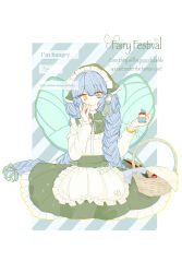 Rule 34 | 1girl, absurdres, angela (project moon), apron, basket, blue hair, braid, capelet, closed mouth, cupcake, e.g.o (project moon), fairy wings, food, green capelet, head scarf, highres, library of ruina, long hair, long sleeves, maid headdress, project moon, relele, shirt, sitting, smile, twin braids, very long hair, white apron, white shirt, wings, yellow eyes
