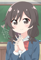 Rule 34 | 1girl, absurdres, aged down, black eyes, black hair, blush, bow, bowtie, chalkboard, closed mouth, highres, indoors, looking at viewer, matsumoto kouko, own hands clasped, own hands together, red bow, red bowtie, school uniform, short hair, smile, solo, translation request, upper body, usagi koushaku, watashi ni tenshi ga maiorita!
