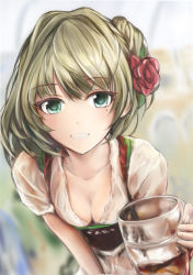 Rule 34 | 10s, 1girl, alcohol, alternate costume, aqua eyes, blue eyes, breasts, brown hair, cleavage, collarbone, commentary request, cup, dirndl, downblouse, drinking glass, flower, german clothes, hair flower, hair ornament, heterochromia, holding, holding cup, holding drinking glass, idolmaster, idolmaster cinderella girls, looking at viewer, mole, mole under eye, nannacy7, oktoberfest, short hair, small breasts, smile, solo, takagaki kaede