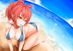 Rule 34 | 1girl, alex (a9850511), all fours, ass, beach, bikini, blue bikini, breasts, commentary request, day, earrings, food, hair ribbon, hanging breasts, heart, heart earrings, idolmaster, idolmaster cinderella girls, jewelry, jougasaki mika, medium breasts, mouth hold, ocean, pink hair, popsicle, ribbon, short ponytail, solo, swimsuit, yellow eyes