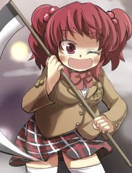 Rule 34 | 1girl, alternate costume, blazer, bow, contemporary, gaoo (frpjx283), hair bobbles, hair ornament, highres, jacket, looking at viewer, one eye closed, onozuka komachi, open mouth, red eyes, red hair, school uniform, scythe, short hair, skirt, smile, solo, thighhighs, touhou, two side up, white thighhighs, wink