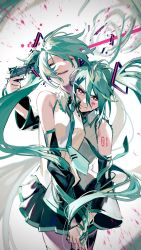 Rule 34 | 2girls, aqua hair, aqua neckwear, bare shoulders, black skirt, blood, blood splatter, blouse, breasts, clone, closed eyes, closed mouth, collared shirt, crying, detached sleeves, gun, hair between eyes, hair ornament, hatsune miku, highres, holding, holding gun, holding hands, holding weapon, jiu ye sang, long bangs, long hair, looking at viewer, miniskirt, multiple girls, murder, necktie, number tattoo, open mouth, pink blood, pleated skirt, red eyes, shirt, simple background, skirt, sleeveless, sleeveless shirt, small breasts, smile, tattoo, thighhighs, twintails, very long hair, vocaloid, weapon, white background, white shirt
