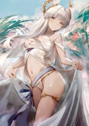Rule 34 | 1girl, animal ear fluff, animal ears, arknights, bikini, breasts, brown eyes, covered erect nipples, eyyy, highres, horse ears, laurel crown, light smile, long hair, looking at viewer, midriff, navel, official alternate costume, platinum (arknights), platinum (shimmering dew) (arknights), sash, see-through, solo, standing, stomach, swimsuit, textless version, thighlet, thighs, very long hair, white bikini, white hair