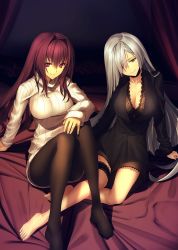 Rule 34 | 2girls, barefoot, bed, black dress, breasts, brynhildr (fate), cleavage, collarbone, dress, fate/grand order, fate (series), hair intakes, hair over one eye, large breasts, long hair, long sleeves, looking at viewer, maple luwen, multiple girls, pantyhose, purple eyes, purple hair, red eyes, ribbed sweater, scathach (fate), scathach (fate), seamed legwear, silver hair, smile, sweater, thigh strap, very long hair
