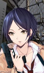 Rule 34 | 10s, 1girl, blue hair, bracelet, breasts, cleavage, coat, collarbone, collared shirt, cover, dress shirt, earrings, eyelashes, fingernails, gun, handgun, hayami kanade, idolmaster, idolmaster cinderella girls, jewelry, lips, long sleeves, looking to the side, necklace, necktie, parted lips, pendant, power lines, red necktie, shirt, short hair, solo, trigger discipline, upper body, usui ryuu, utility pole, walther, weapon, white shirt, yellow eyes
