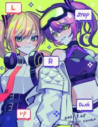 Rule 34 | 2girls, armband, bare shoulders, black shirt, black skirt, blonde hair, commentary request, crop top, goggles, goggles on head, green eyes, haru4aki, headphones, headphones around neck, high-waist skirt, highres, hololive, jacket, long hair, long sleeves, looking at viewer, midriff, momosuzu nene, multicolored hair, multiple girls, necktie, off shoulder, pink hair, purple hair, red necktie, remote control (vocaloid), shirt, side ponytail, skirt, smile, streaked hair, tokoyami towa, virtual youtuber, vocaloid, white jacket, white shirt