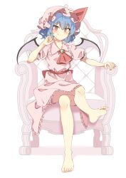 Rule 34 | 1girl, absurdres, ascot, back bow, barefoot, bloomers, blue hair, blush, bow, closed mouth, commentary request, crossed legs, demon wings, eyes visible through hair, fang, feet, frilled skirt, frilled sleeves, frills, full body, hair between eyes, hand up, hat, hat bow, highres, index finger raised, looking at viewer, mob cap, on chair, pink hat, pink shirt, pink skirt, puffy short sleeves, puffy sleeves, red ascot, red bow, red eyes, remilia scarlet, seika okawari, shirt, short hair, short sleeves, simple background, sitting, skirt, smile, smug, soles, solo, toes, touhou, tsurime, underwear, white background, wings
