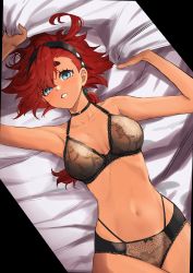 Rule 34 | 1girl, absurdres, ahoge, armpits, black hairband, blue eyes, blush, breasts, breasts apart, choker, collarbone, gundam, gundam suisei no majo, hairband, highres, lingerie, long hair, looking at viewer, low ponytail, lying, medium breasts, on back, parted lips, red hair, saco (cgmore), solo, suletta mercury, swept bangs, thick eyebrows, underwear