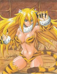 Rule 34 | 1girl, 2021, alma (metal slug), angry, animal ears, animal print, bikini, black nails, blonde hair, blue eyes, breasts, claws, cleavage, highres, large breasts, long hair, metal slug, metal slug attack, midriff, nails, ravernclouk design, snk, solo, swimsuit, tail, tiger girl, tiger print, traditional media