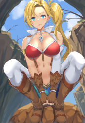 Rule 34 | 1girl, absurdres, aqua eyes, between legs, bikini, bikini top only, blonde hair, blue shorts, boots, breasts, brown footwear, brown gloves, brown vest, calamity jane (fate), cropped vest, earrings, elbow gloves, fate/grand order, fate (series), fingerless gloves, full body, gloves, hand between legs, highres, hoop earrings, jewelry, medium breasts, red bikini, short shorts, shorts, side ponytail, single elbow glove, solo, squatting, star tattoo, suiroh (shideoukami), swimsuit, tattoo, thighhighs, vest, white gloves, white thighhighs