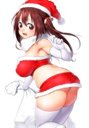 Rule 34 | 10s, 1girl, ass, blush, breasts, brown eyes, brown hair, christmas, ebina nana, elbow gloves, female focus, fur trim, gloves, hat, himouto! umaru-chan, large breasts, long hair, looking at viewer, midriff, miniskirt, onsoku inu, open mouth, sack, santa costume, santa hat, simple background, skirt, solo, strapless, thighhighs, tube top, twintails, wavy mouth, white background, white gloves, white thighhighs