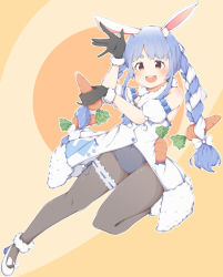 Rule 34 | 1girl, :d, animal ear fluff, animal ears, ankle garter, bad id, bad pixiv id, bare shoulders, black gloves, black leotard, black pantyhose, blue hair, blush, braid, breasts, carrot hair ornament, coat, coat dress, coharu biyori, covered navel, detached sleeves, dress, food, food-themed hair ornament, fur-trimmed coat, fur-trimmed gloves, fur scarf, fur trim, gloves, hair ornament, highres, hikimayu, holding, holding food, hololive, knee up, leaning to the side, leg up, leotard, long hair, looking at viewer, mary janes, multicolored hair, open mouth, orange eyes, pantyhose, playboy bunny, puffy short sleeves, puffy sleeves, rabbit ears, rabbit girl, rabbit tail, scarf, shoes, short eyebrows, short sleeves, small breasts, smile, solo, strapless, strapless coat, strapless dress, strapless leotard, swept bangs, tail, thigh strap, thighs, twin braids, two-tone hair, usada pekora, usada pekora (1st costume), virtual youtuber, white coat, white footwear, white hair, white scarf, white sleeves, yellow background