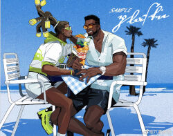 Rule 34 | 2boys, alternate costume, bamashengze, baptiste (overwatch), bara, beach, beard, black hair, black shorts, couple, dark-skinned male, dark skin, dreadlocks, earrings, facial hair, feet out of frame, floating hair, goatee, grin, holding hands, jewelry, looking at another, lucio (overwatch), male focus, multiple boys, muscular, muscular male, on chair, overwatch, pectoral cleavage, pectorals, shoes, short hair, shorts, sideburns, sitting, smile, sneakers, veins, veiny arms, veiny hands, watch, white shorts, wristwatch, yaoi