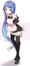 Rule 34 | 1girl, absurdres, alternate costume, apron, black dress, black footwear, black thighhighs, blue eyes, blue hair, blush, dress, enmaided, frilled apron, frilled dress, frills, full body, garter straps, highres, kantai collection, long hair, looking at viewer, maid, maid apron, open mouth, puffy short sleeves, puffy sleeves, samidare (kancolle), shoes, short sleeves, solo, thighhighs, two-tone background, uut, white apron