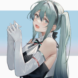 Rule 34 | 1girl, :d, aqua eyes, aqua hair, arl, bare shoulders, black hairband, blush, commentary request, elbow gloves, gloves, hair between eyes, hairband, hatsune miku, highres, long hair, looking at viewer, open mouth, sidelocks, sleeveless, smile, solo, twintails, upper body, very long hair, vocaloid, white gloves