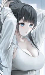 Rule 34 | 1girl, adjusting hair, black hair, blue eyes, blunt bangs, breasts, cleavage, collarbone, highres, large breasts, long hair, looking away, myabit, open clothes, open shirt, original, parted lips, shirt, solo, sports bra, upper body, white shirt
