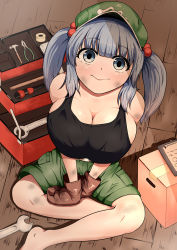 Rule 34 | 1girl, :&gt;, absurdres, bare shoulders, black tank top, blue hair, blunt bangs, blush, boots, box, breasts, brown gloves, cardboard box, cleavage, collarbone, dirty, from above, gloves, green hat, hair bobbles, hair ornament, hat, highres, kawashiro nitori, large breasts, looking at viewer, sitting, solo, strap slip, tank top, touhou, twintails, two side up, wrench, yahow