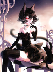 Rule 34 | 1girl, ;), absurdres, animal ears, artist name, bare shoulders, black bow, black cat, black choker, black dress, black gloves, black hair, black thighhighs, bow, bug, butterfly, cat, cat ears, choker, dress, dusk, elbow gloves, feet out of frame, finger to mouth, flat chest, gloves, hair between eyes, hand up, highres, insect, looking at viewer, one eye closed, original, outdoors, railing, red eyes, sheya, short dress, short hair, signature, sitting, sky, smile, solo, star (sky), starry sky, strapless, strapless dress, thighhighs, thighs, zettai ryouiki