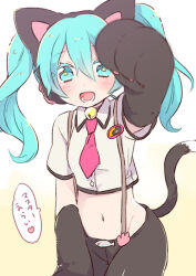 Rule 34 | 1girl, animal ear headphones, animal ears, animal hands, azurite0012, bell, blue eyes, blue hair, cat ear headphones, cat tail, collared shirt, crop top, fake animal ears, gloves, hatsune miku, headphones, long hair, looking at viewer, midriff, navel, neck bell, necktie, nyan ko (module), open mouth, pants, paw gloves, project diva (series), shirt, short sleeves, solo, suspenders, tail, translation request, twintails, vocaloid
